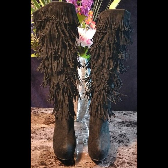Oscar 16 - Fringe Platform Black High Heel Boots - Picture 2 of 6